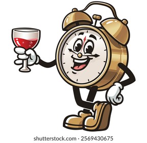 Alarm Clock with a glass of drink,   Cartoon Character Mascot Illustration Vector Clip-art Hand-drawn Logo Design