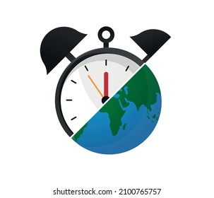 alarm clock with globe icon on white background. editable vector.