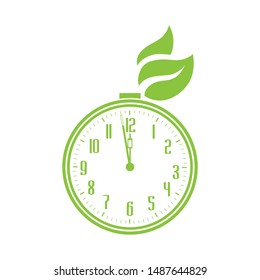 alarm clock with green leaves, vector logo icon 