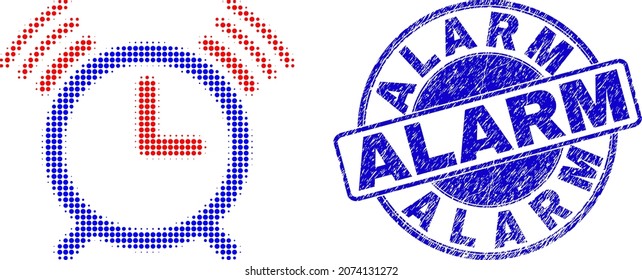 Alarm clock halftone dotted icon, and Alarm seal stamp. Blue vector round distress seal stamp with Alarm title inside round shape. Halftone alarm clock icon pattern contains round elements.