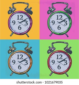 Alarm Clock Hand Drawn Four Coloured Pop Art Illustrations. Wake Up Call Vector Drawing. 