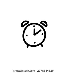 Reloj de alarma dibujado a mano con un simple boceto. Ilustración de línea negra vectorial aislada en fondo blanco.