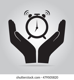 Alarm clock in hand icon illustration. Care, safe time concept