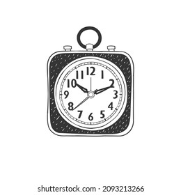 Reloj de alarma. Reloj de mesa cuadrado dibujado a mano. Ilustración en estilo de esbozo. Imagen del vector