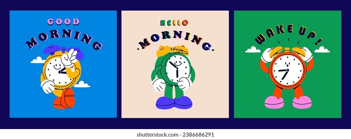 Alarm clock with hands, legs and face. Cute funny mascot. Hand drawn trendy Vector illustration. Cartoon style wake up clock character. Poster, print, logo, icon templates. Set of three cards