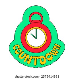 Alarm clock with hands showing countdown to start of holiday. New Year velcro for sticker pack or gift card in old style of 2000. Cartoon Y2K retro sticker on white background