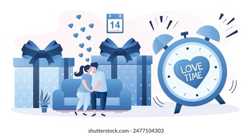 Alarm clock with heart. Love time, couple sitting on couch and kissing. Gifts, people celebrate Valentine's Day on February 14th. Тime to love with heart. flat vector illustration