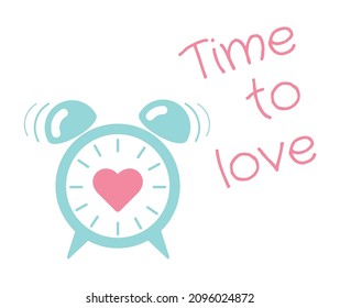 Alarm clock with a heart. Wedding and valentine day concept. Vector cartoon isolated illustration. Тime to love vector icon with heart. Wake up with a smile or time to date with my lover on Valentine'