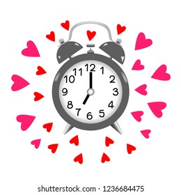 Alarm clock and hearts isolated on white background
