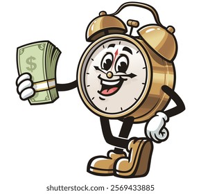 Alarm Clock holding cash,       Cartoon Character Mascot Illustration Vector Clip-art Hand-drawn Logo Design