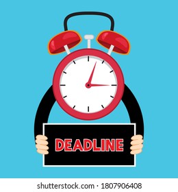 Alarm Clock Holding Paper Sheet Tell Deadline Word, Time Deadline Concept, vector image illustration