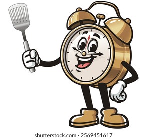 Alarm Clock holding a spatula,      Cartoon Character Mascot Illustration Vector Clip-art Hand-drawn Logo Design