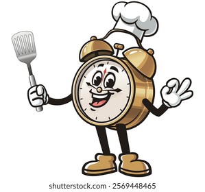 Alarm Clock holding a spatula and wearing a chef's hat,     Cartoon Character Mascot Illustration Vector Clip-art Hand-drawn Logo Design