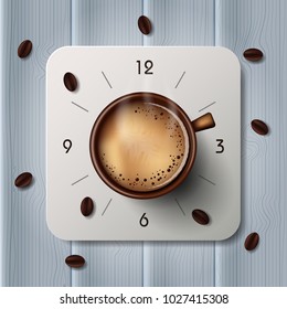 Alarm clock with hot coffee mugs and coffee beans on blue wooden floor. Vector illustrations