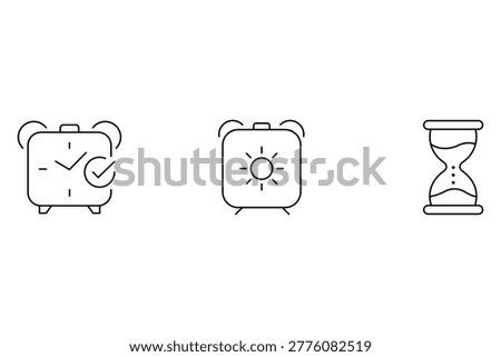Alarm clock and hourglass icon set featuring minimalist outline styles with check mark sun and sand timer symbols for schedule management.
