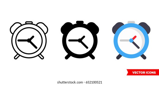 Alarm clock icon of 3 types: color, black and white, outline. Isolated vector sign symbol.