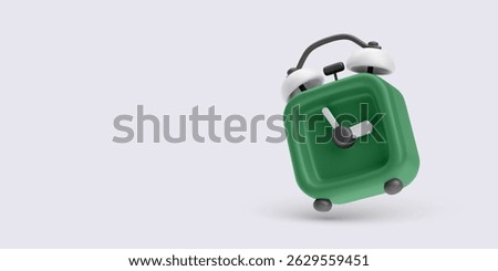 Alarm Clock Icon, 3D Green Square Bell Timer with White Bells and Minimal Style. Ideal for Time, Reminder, or Wake Up Concepts. Vector Illustration.