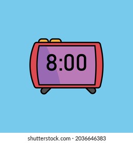 Alarm clock icon in beautiful colors at the time of eight in the morning on a light blue background in a professional way