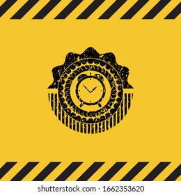 alarm clock icon black grunge emblem inside yellow warning sign. Vector Illustration. Detailed.