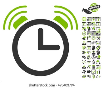 Alarm Clock icon with bonus calendar and time management symbols. Vector illustration style is flat iconic bicolor symbols, eco green and gray colors, white background.