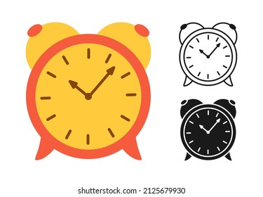 Alarm clock icon cartoon drawn or stamp, doodle line set. Watch time simple flat symbol. Wake up hour, old vintage clock sign. Vector design for mobile apps, web and print media