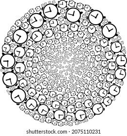 Alarm clock icon centrifugal round composition. Alarm clock symbols are united into round twist mosaic structure. Abstraction round globula mosaic created from regular alarm clock symbols.