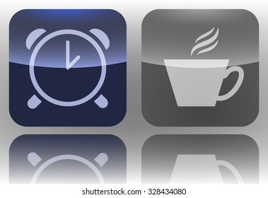 Alarm clock icon. Coffee cup icon. Tea cup icon. Morning