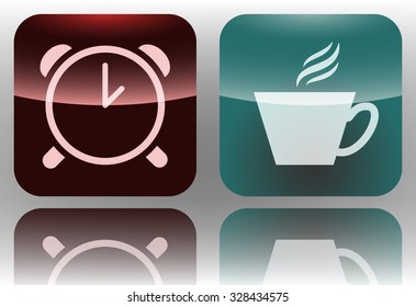 Alarm clock icon. Coffee cup icon. Tea cup icon. Morning