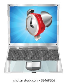 Alarm clock icon coming out of laptop screen concept