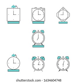 Alarm clock icon consists of clock logos. Alarm clock vector in white background. This alarm clock vector has set of timer and watch. Set of alarm watch shape illustration. Time and timer concept.