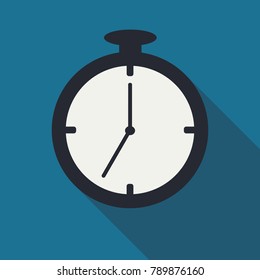 Alarm clock icon design on a blue background with shadow. Vector illustration, eps10