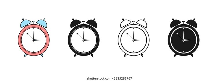 Wecker-Symbol in verschiedenen Variationen auf weißem Hintergrund.