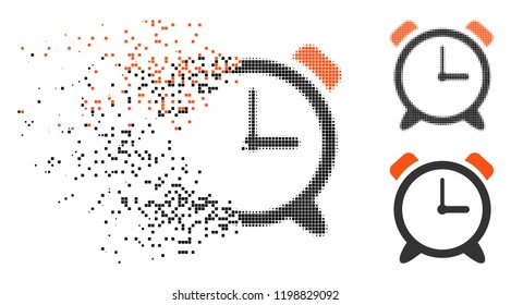 Alarm clock icon in disappearing, pixelated halftone and undamaged solid versions. Pixels are organized into vector disappearing alarm clock shape. Disappearing effect uses square dots.