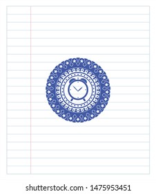 alarm clock icon draw (pen strokes). Blue ink. Vector Illustration. Detailed.