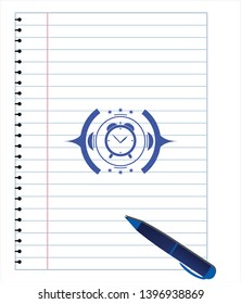 alarm clock icon drawn with pen strokes. Blue ink. Vector Illustration. Detailed.