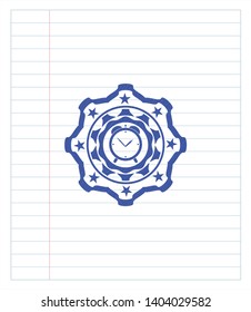 alarm clock icon drawn with pen. Blue ink. Vector Illustration. Detailed.