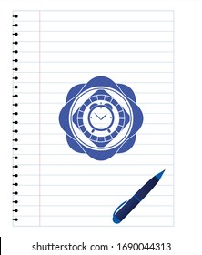 símbolo de reloj despertador dibuja con efecto pluma. Tinta azul. Ilustración vectorial. Detallado.