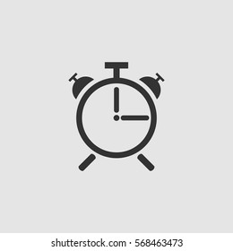 Alarm clock icon flat. Black pictogram on grey background. Vector illustration symbol