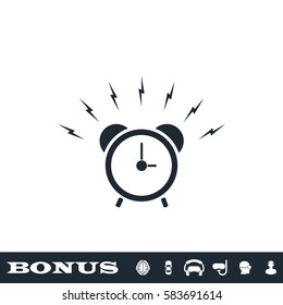 Alarm clock icon flat. Black pictogram on white background. Vector illustration symbol and bonus button