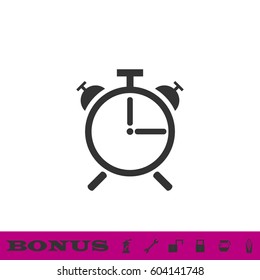 Alarm clock icon flat. Black pictogram on white background. Vector illustration symbol and bonus button
