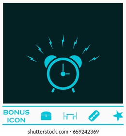 Alarm clock icon flat. Blue pictogram on dark background. Vector illustration symbol and bonus icons