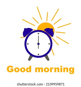 An alarm clock icon, a flat color illustration of an alarm clock with the sun, a banner with the inscription good morning. Vector isolated on a white background