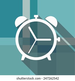 Alarm clock icon. Flat design style modern vector illustration. Isolated on stylish color background. Flat long shadow icon. Elements in flat design. Geometric background.