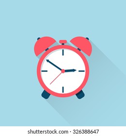 Alarm clock icon. Flat design with long shadow. Vector illustration