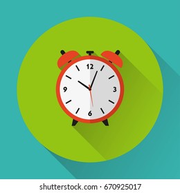 Alarm clock icon. Flat design. Vector illustration with long shadow. 