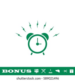 Alarm clock icon flat. Green pictogram on white background. Vector illustration symbol and bonus button