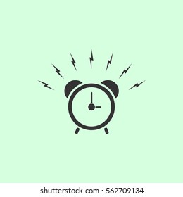 Alarm clock icon flat. Grey vector symbol on green background