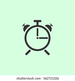 Alarm clock icon flat. Grey vector symbol on green background