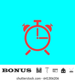 Alarm clock icon flat. Red pictogram on blue background. Vector illustration symbol and bonus buttons Music center, corkscrew, credit card, house, drum