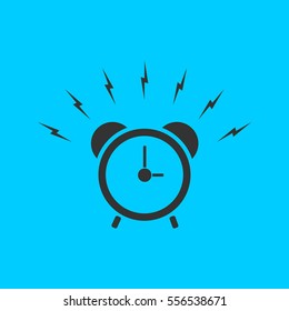 Alarm clock icon flat. Simple vector black pictogram on blue background